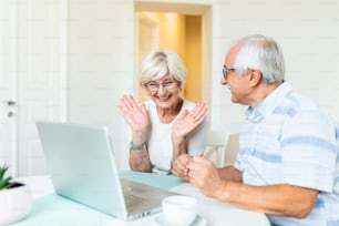 Feliz pareja de ancianos con computadora portátil que tiene videollamada. Jubilación, pareja mayor, estilo de vida, vejez, comunicación, conexión de la tecnología, gente, concepto de cuarentena.