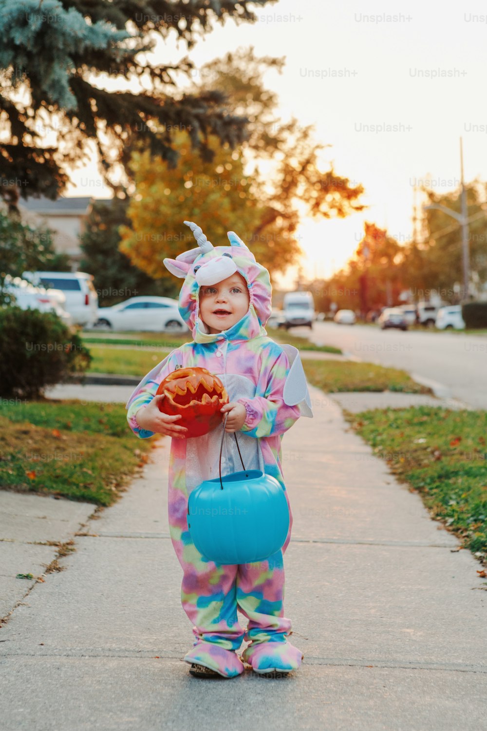 Truco o trato. Bebé feliz con calabaza roja y canasta que va a pedir dulces en las vacaciones de Halloween. Lindo niño en traje de fiesta que va a las casas vecinas por dulces y golosinas.