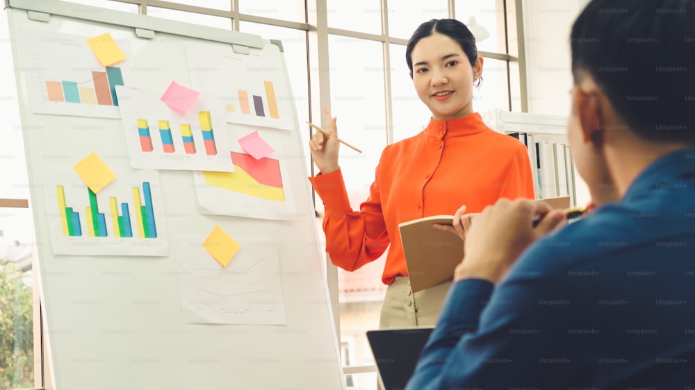 Young woman explains business data on white board in casual office room . The confident Asian businesswoman reports information progress of a business project to partner to determine market strategy .