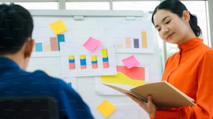 Young woman explains business data on white board in casual office room . The confident Asian businesswoman reports information progress of a business project to partner to determine market strategy .