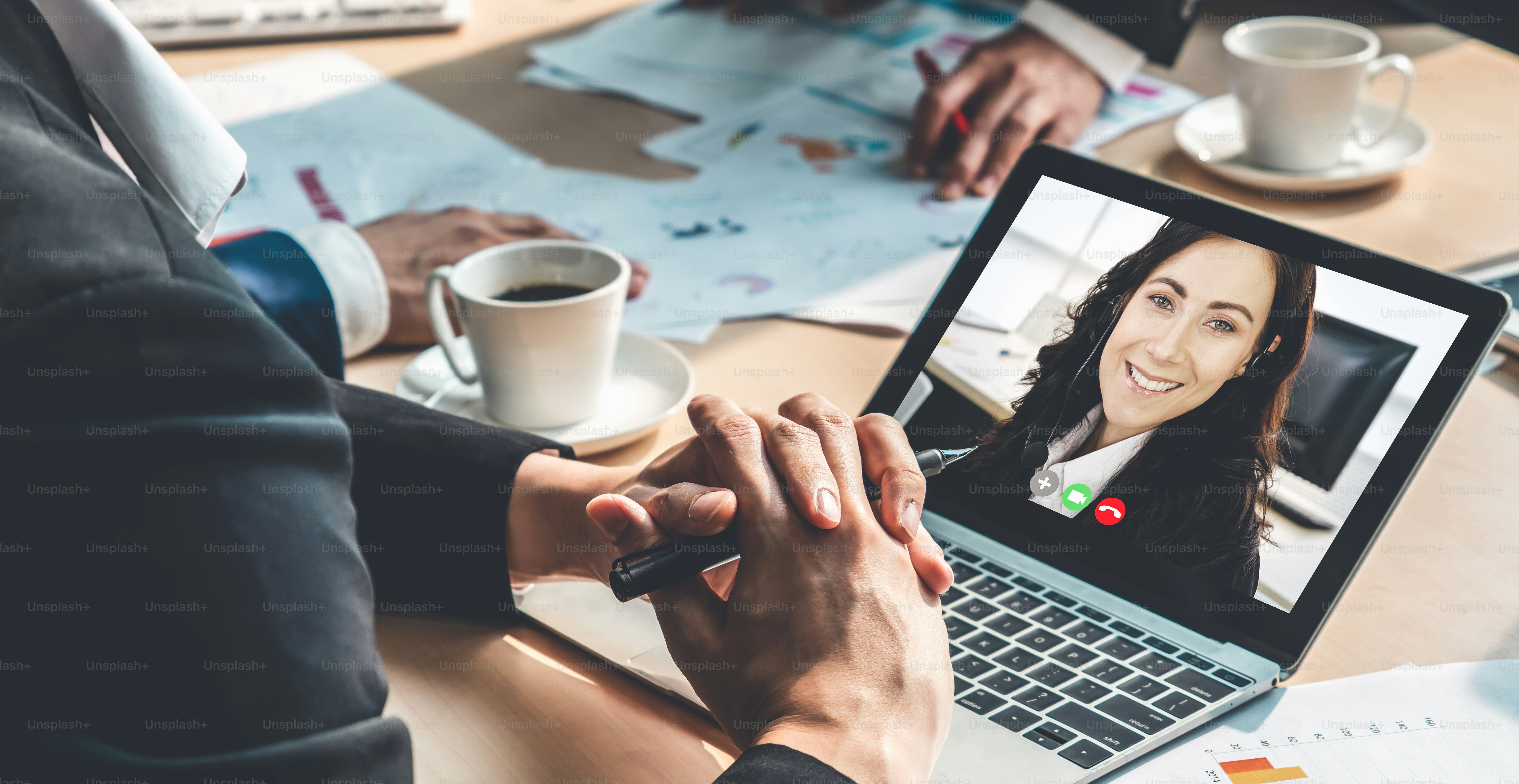 Video call group business people meeting on virtual workplace or remote office. Telework conference call using smart video technology to communicate colleague in professional corporate business.