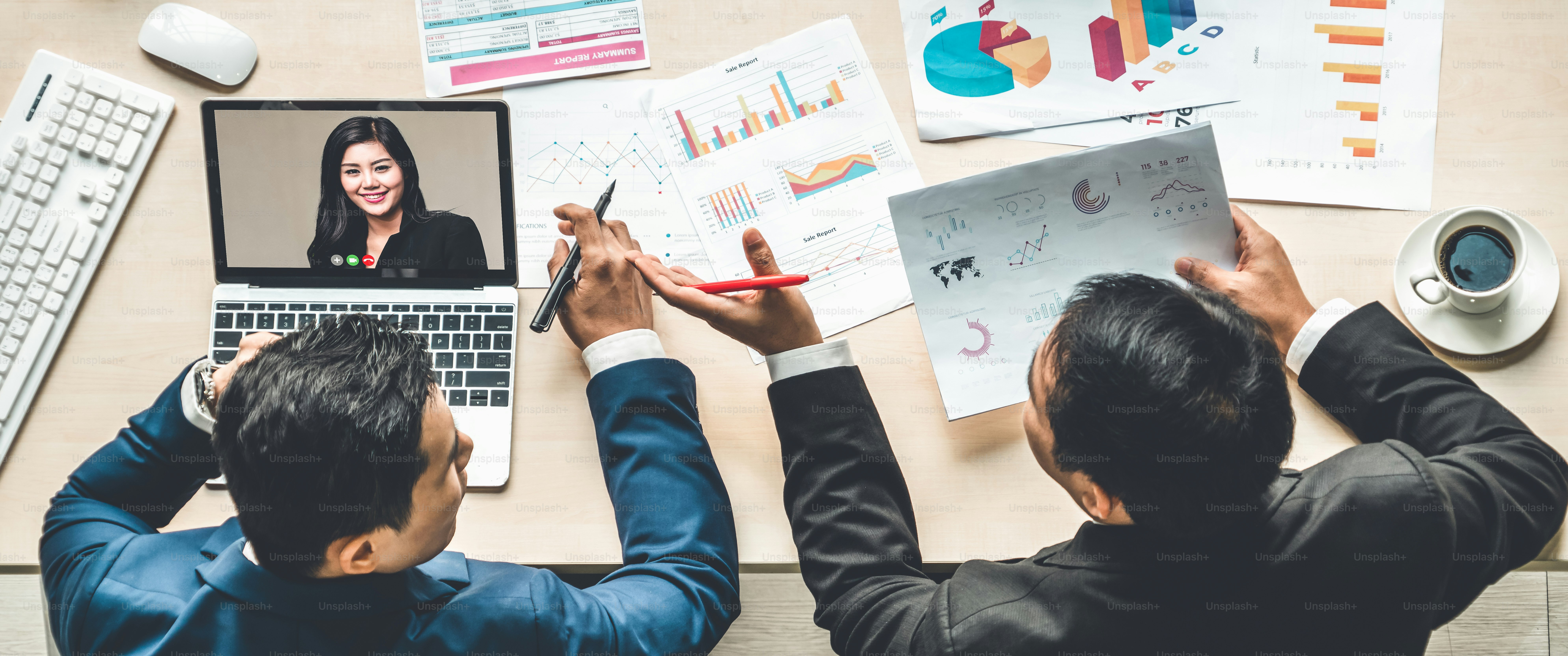 Video call group business people meeting on virtual workplace or remote office. Telework conference call using smart video technology to communicate colleague in professional corporate business.