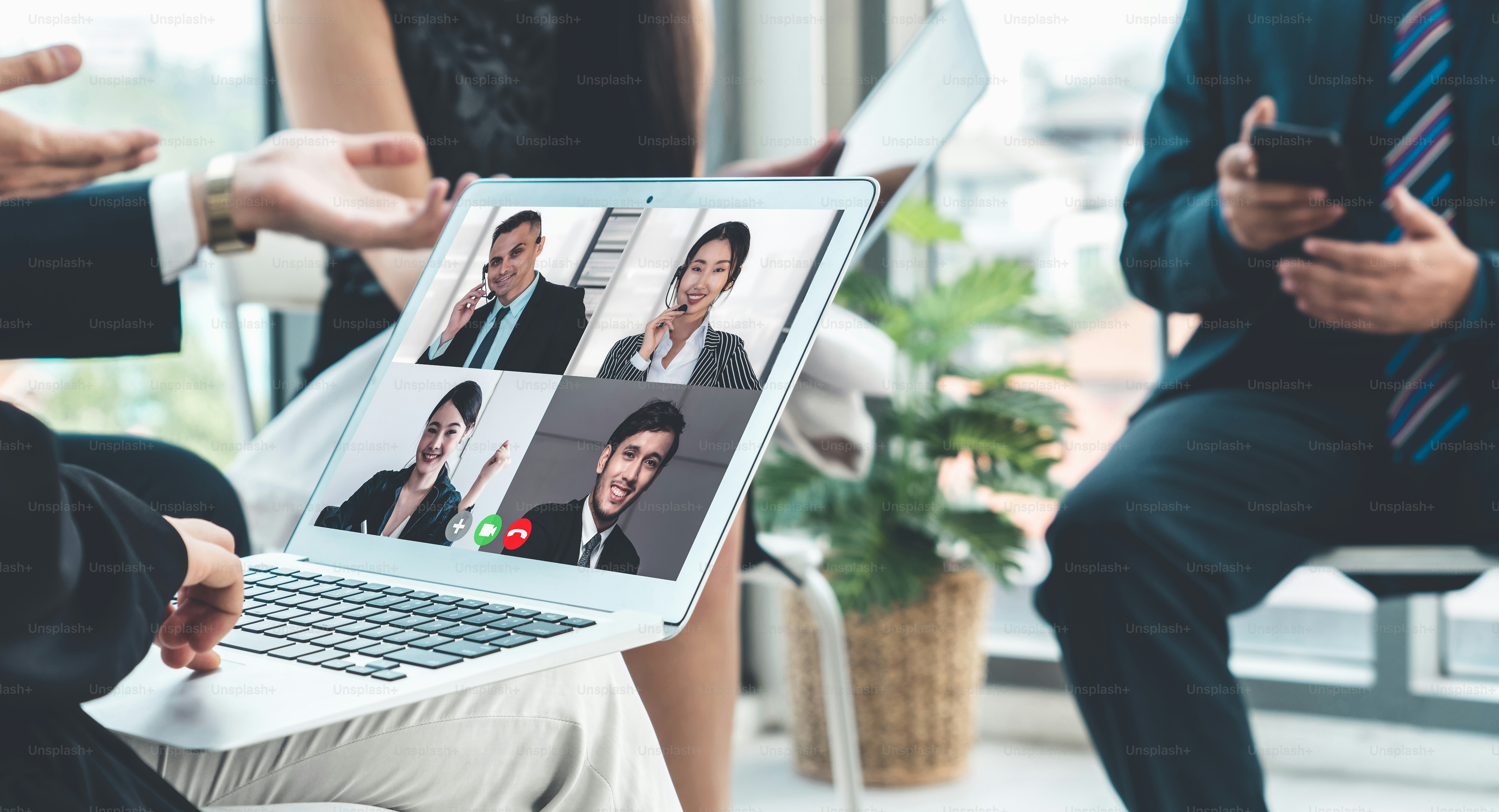 Video call group business people meeting on virtual workplace or remote office. Telework conference call using smart video technology to communicate colleague in professional corporate business.