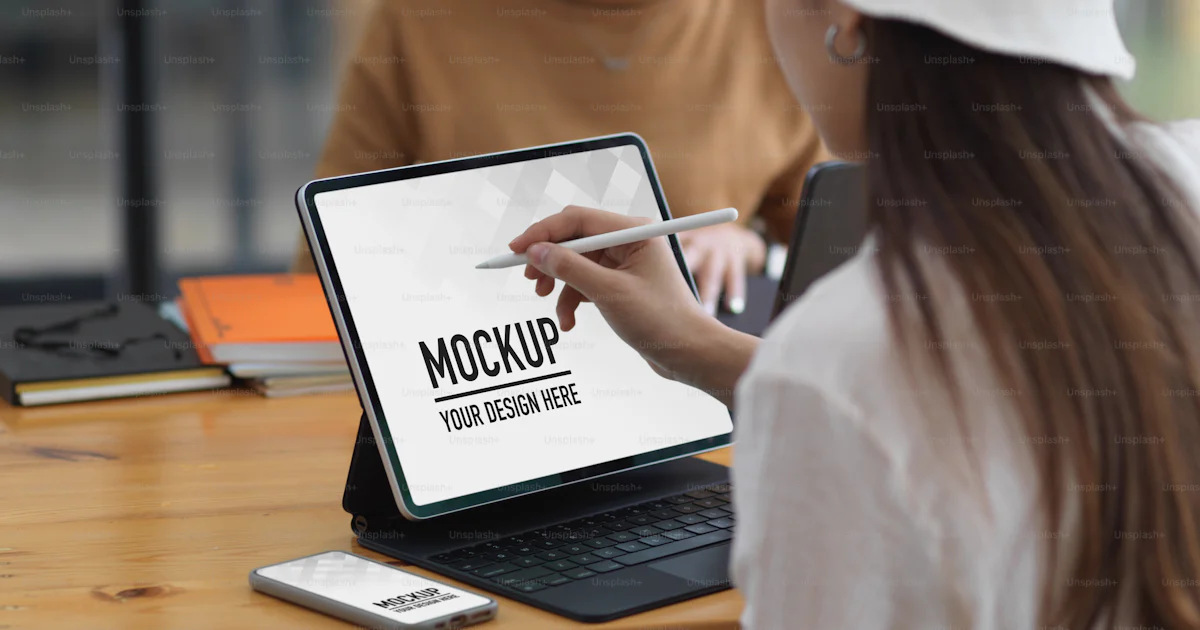 Female college student doing assignment with tablet and smartphone ...