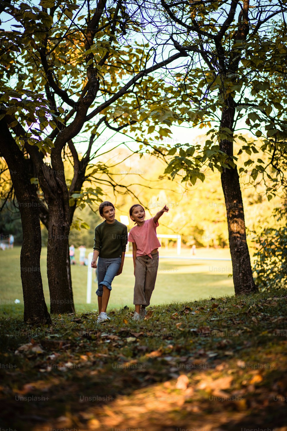 Two school girl walking trough forest and talking.