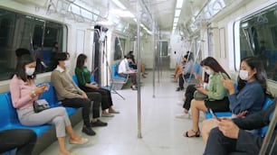 Crowd of people wearing face mask on a crowded public subway train travel . Coronavirus disease or COVID 19 pandemic outbreak and urban lifestyle problem in rush hour concept .