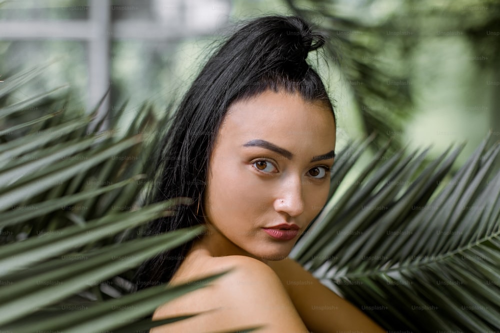 Close up beauty portrait of young charming Chinese Asian woman with  ponytail hair style, posing to camera while standing near big exotic palm  tree leaves in greenhouse or garden. photo – Plant
