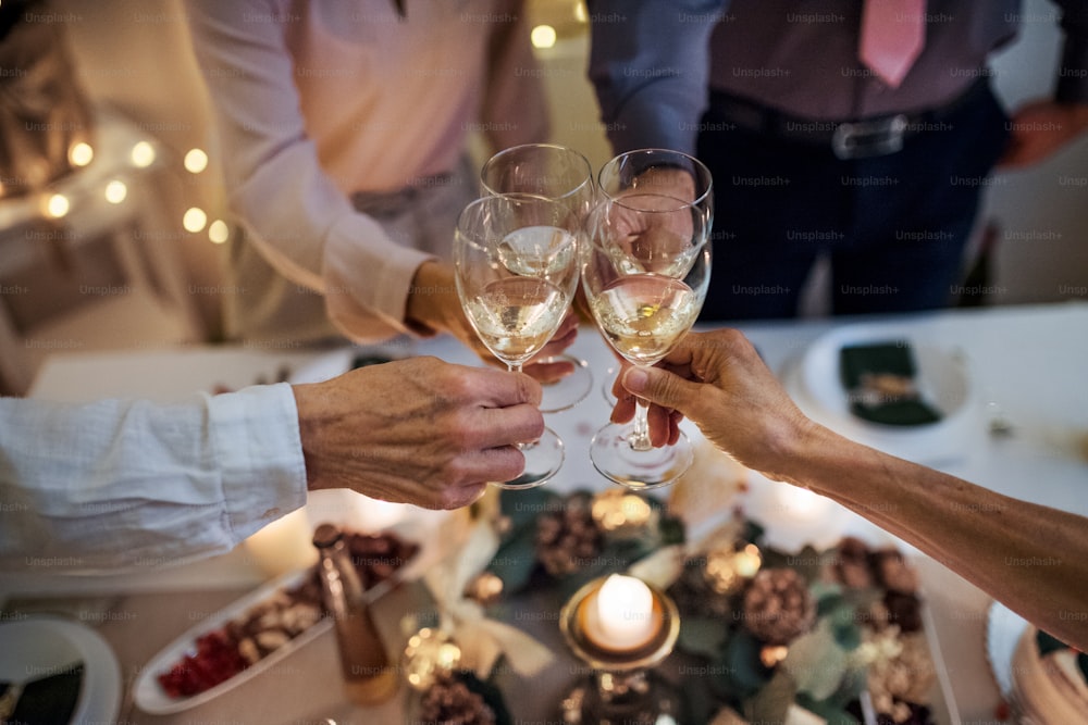 見分けがつかない多世代の家族が、屋内で一緒にクリスマスを祝い、グラスを鳴らしている。