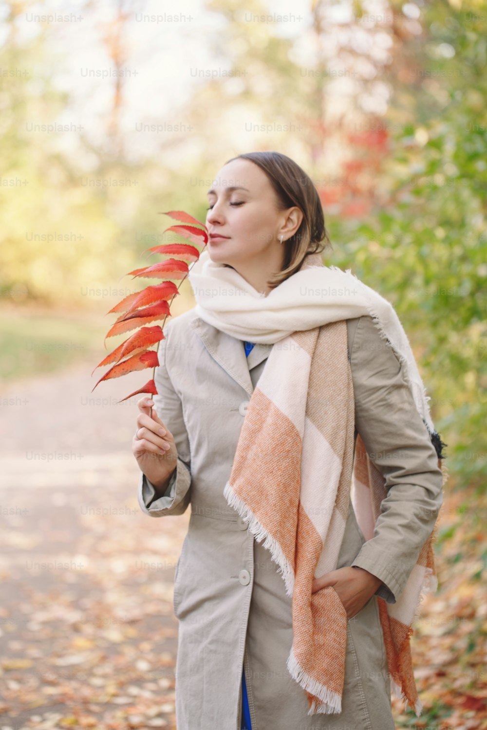 Bela mulher caucasiana de meia-idade com cabelo curto no parque ao ar livre. Mulher nova com roupas casuais segurando o galho da árvore de outono do outono com folhas vermelhas andando do lado de fora.