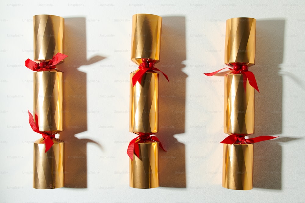Merry Christmas. flat lay with golden Victorian Christmas crackers on white background.