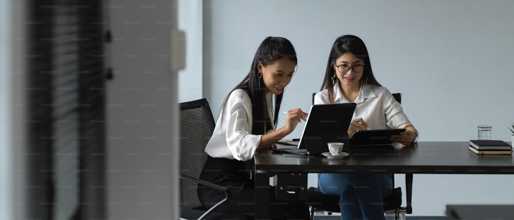 Portrait of two female workers working together on their project in meeting room