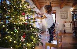 Side view portrait of small girl indoors at home at Christmas, decorating tree.