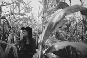 Stylish couple embracing in autumn corn field in warm sunset light. Romantic sensual moment. Fashionable couple posing among corn maize, creative black and white photo