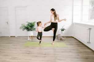 Front view of young mother having workout together with her little daughter, standing in tree yoga pose on green mat at cozy fitness hall. Sport, motherhood and active lifestyle concept