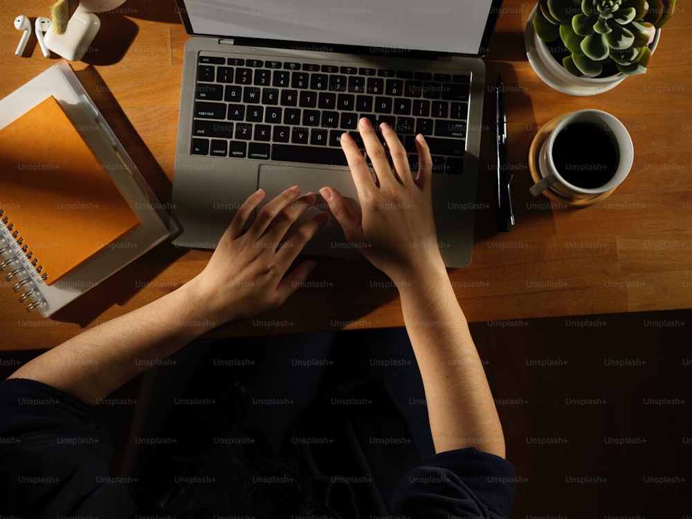 Overhead-Aufnahme von weiblicher Hand, die auf dem Laptop auf einem Holztisch mit Schreibwaren und Pflanzentopf tippt