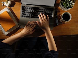 Overhead shot of female hand typing on laptop on wooden table with stationery and plant pot