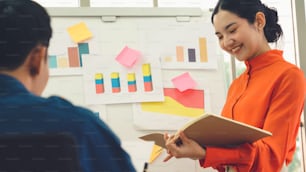 Young woman explains business data on white board in casual office room . The confident Asian businesswoman reports information progress of a business project to partner to determine market strategy .