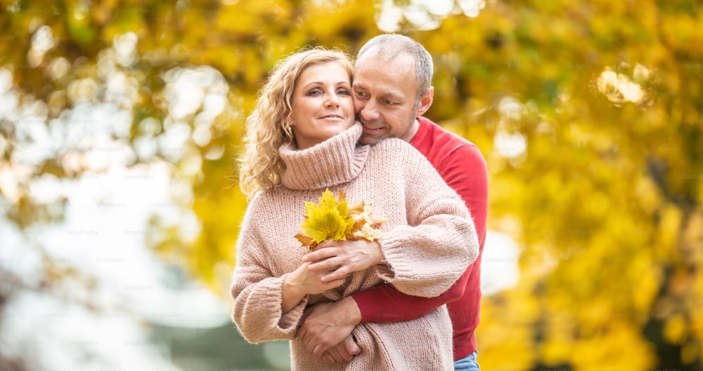 Couple shares their love hugging, holding fallen autumn leaves surrounded by yellow trees.