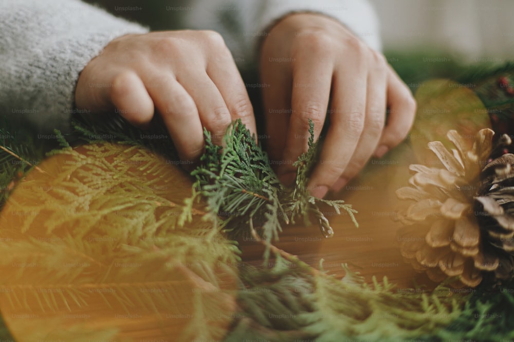 Close up of female hands holding cedar branches and making rustic christmas wreath on background of rustic wooden table with pine cones, berries and festive lights. Handmade festive decor