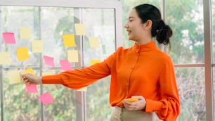 Business people work on project planning board in office and having conversation with coworker friend to analyze project development . They use sticky notes posted on glass wall to make it organized .