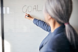 Close up of female hand writing word goal on board while lady working on new project in office