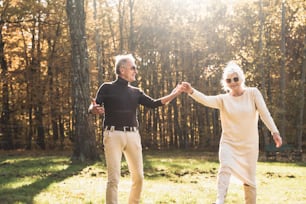 Senior man flirting and dancing with elderly grey haired woman. Happy elderly people enjoying sunny autumn day in park.
