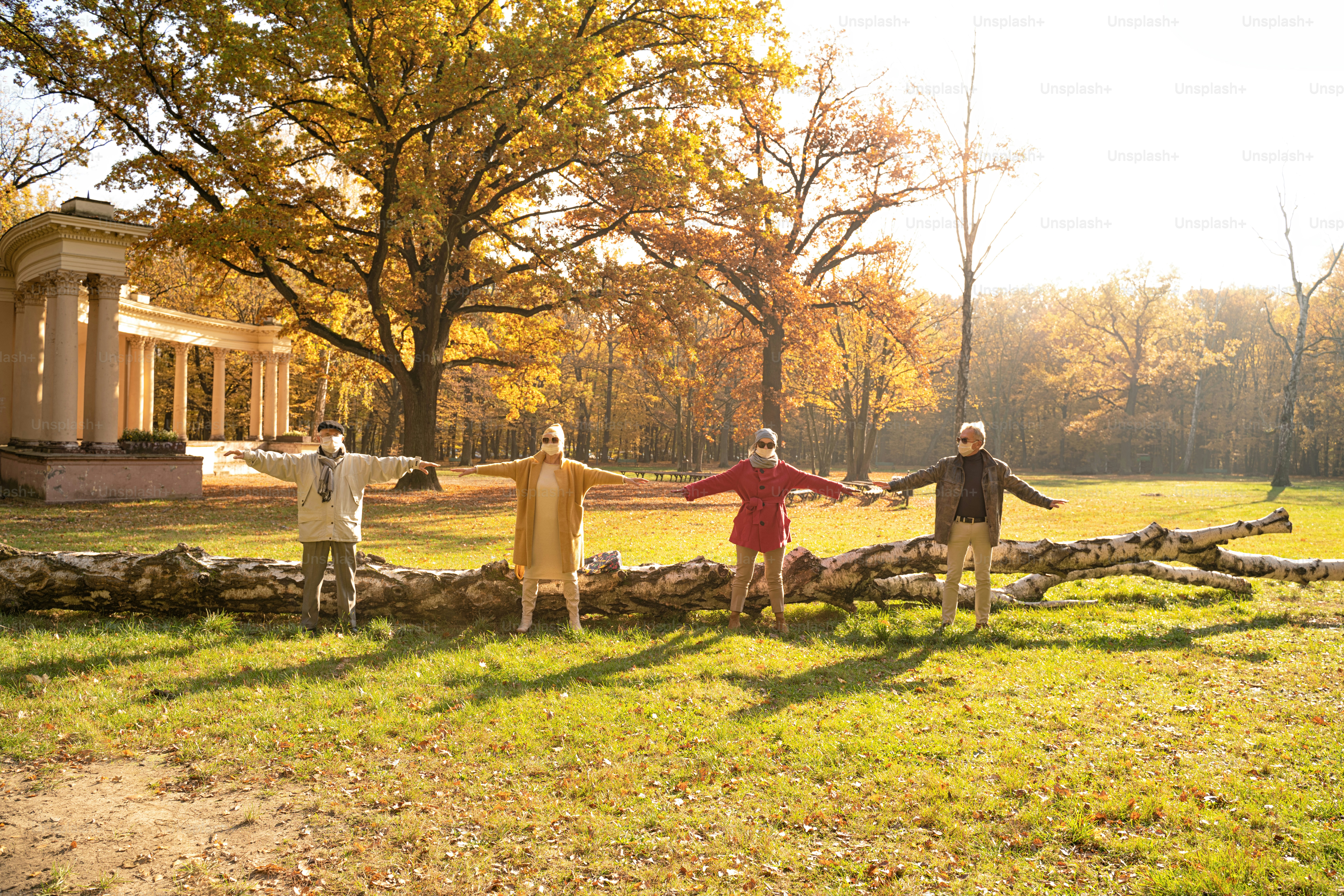 Senior people with face mask covered standing in park in distance. Retired friends spending time together in covid time