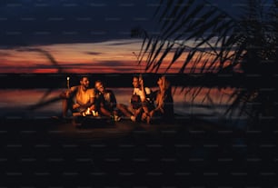 夜の湖で楽しむ若い友達のグループ。彼らは火の周りに座って歌い、楽しんでいます。