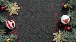 Fundo de Natal preto de luxo com decoração de bolas vermelhas e brancas, flocos de neve dourados, confetes. Maquete do banner de Natal, design do cartão de felicitações do Ano Novo.