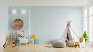 Mockup wall nella stanza dei bambini su sfondo azzurro parete.3D Rendering