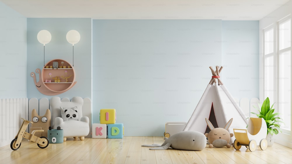 밝은 파란색 배경에 있는 어린이 방의 모형 벽.3D 렌더링