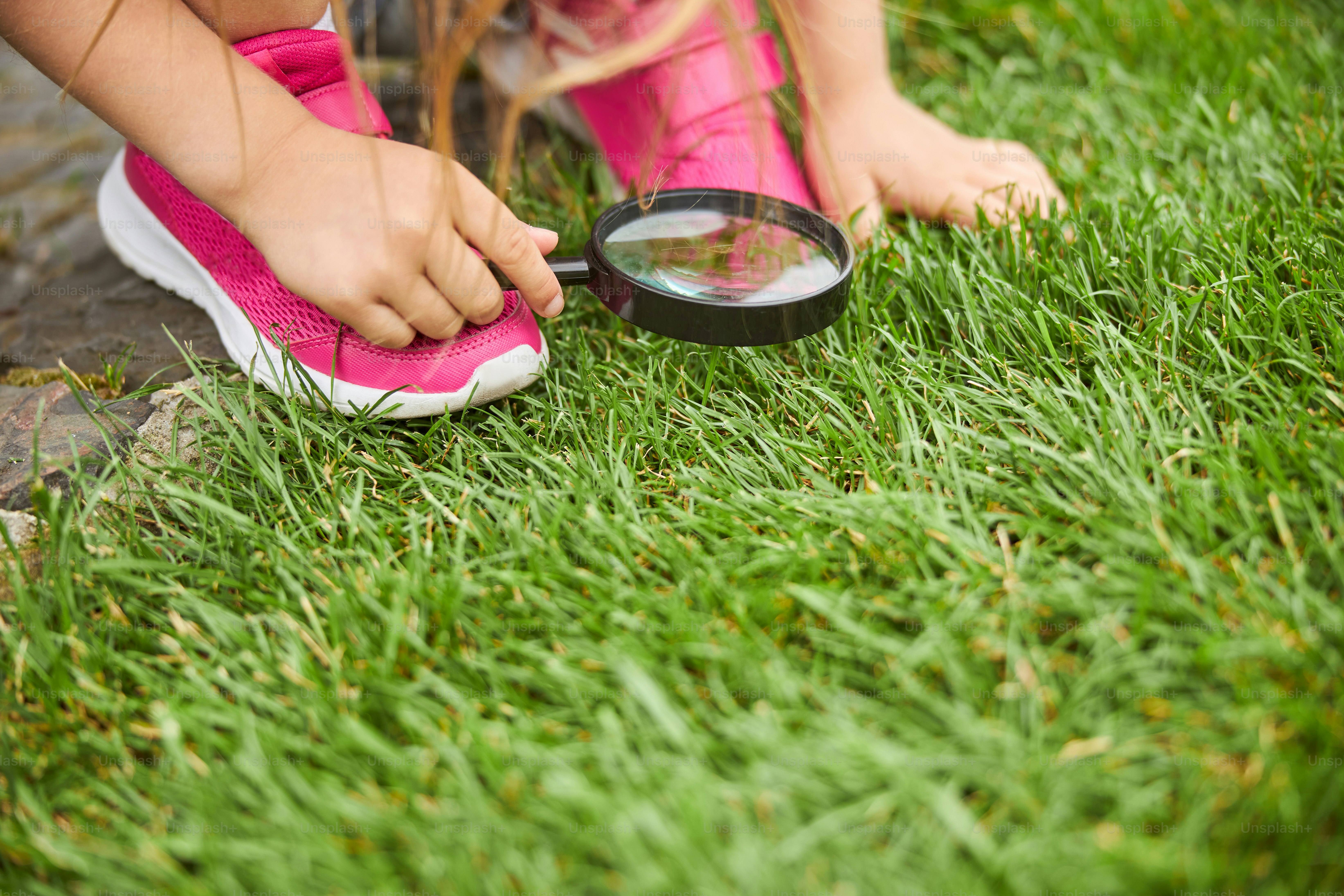 Close up of female child is searching something in the plants of the city park
