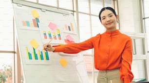 若い女性は、カジュアルなオフィスルームのホワイトボードでビジネスデータを説明しています。自信のあるアジアのビジネスウーマンは、市場戦略を決定するために、ビジネスプロジェクトの進捗状況をパートナーに報告します。