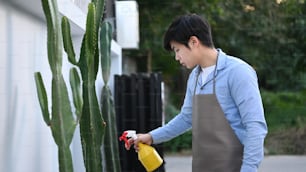 Un hombre rociando insecticida de una botella de spray a un cactus en su casa.