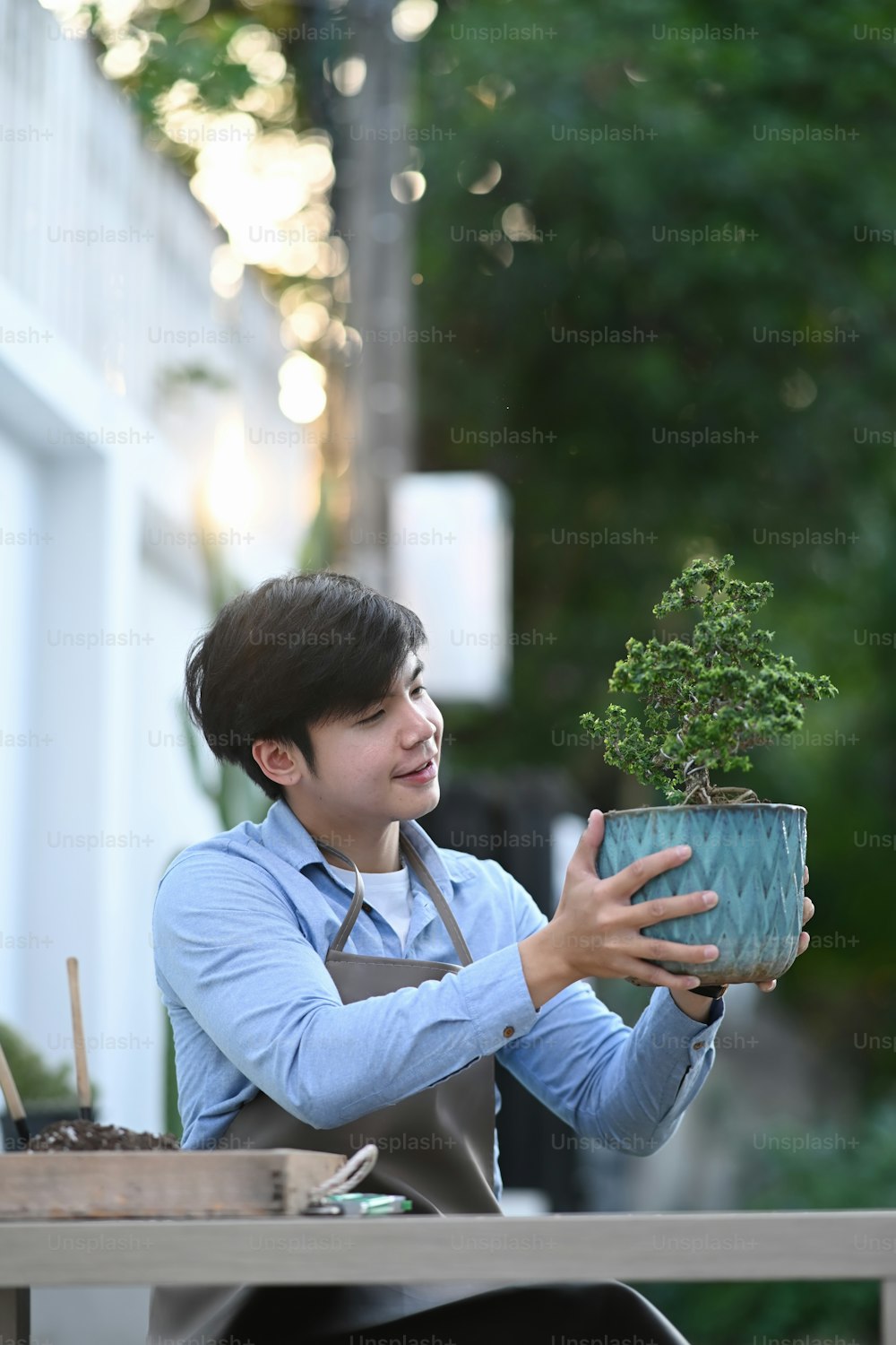 Portrait of gardener man smiling and holding bonsai tree pot while sitting at his home garden.