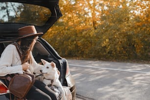 햇살이 내리쬐는 가을 나무를 배경으로 자동차 트렁크에 귀여운 흰색 개와 함께 앉아 있는 세련된 젊은 여성. 애완 동물과 함께하는 여행. 스위스 양치기 강아지와 함께 여행. 텍스트를 위한 공간