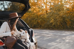 Stylish young woman sitting with cute white dog in car trunk on background of sunny autumn trees. Road trip with pet. Traveling with swiss shepherd puppy. Space for text