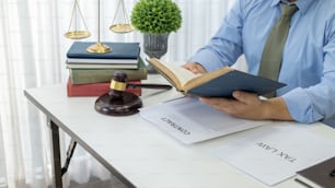 Abogado de negocios que trabaja sobre legislación legal en la sala del tribunal para ayudar a su cliente.