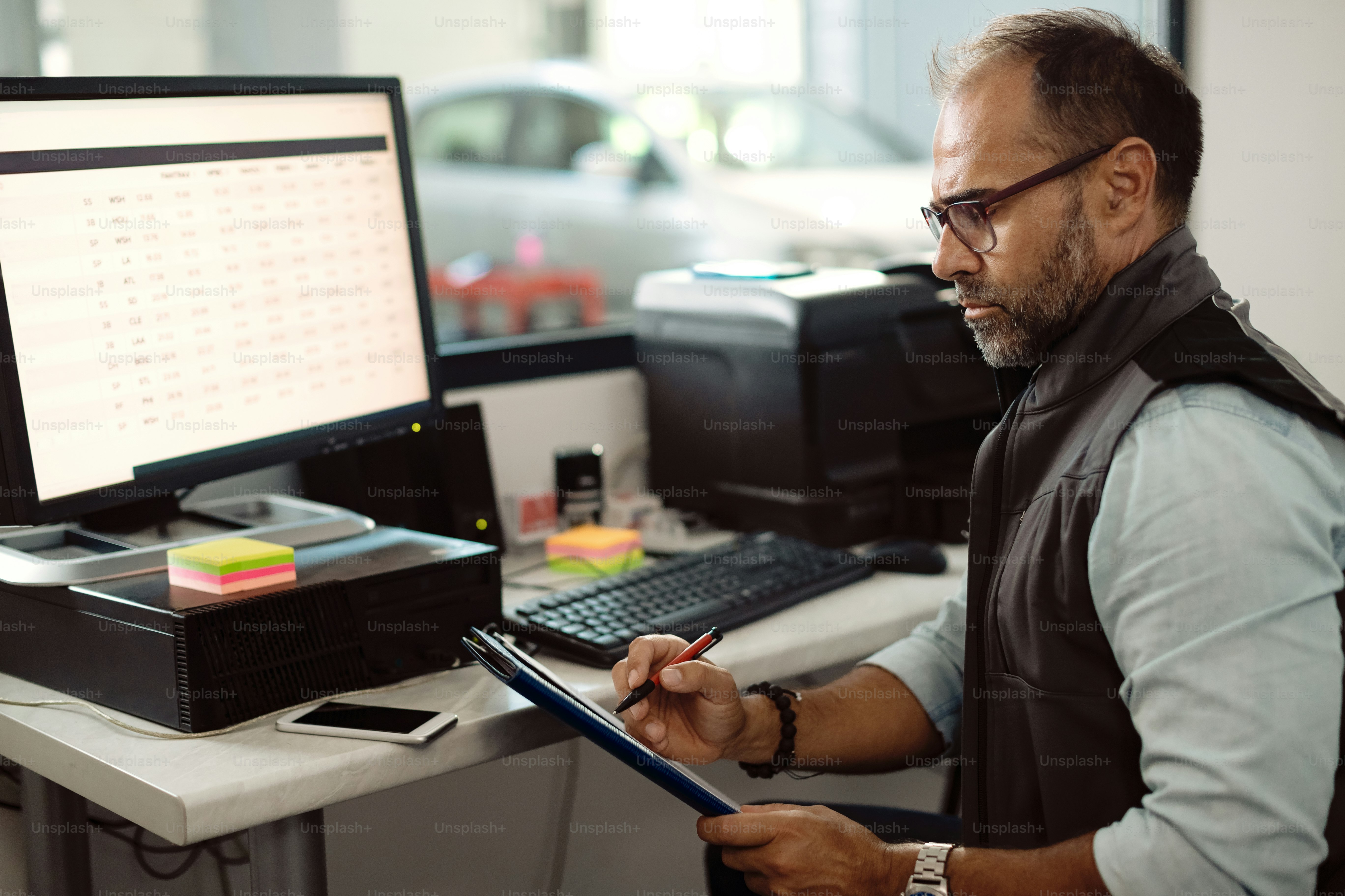 Mid adult mechanic using computer and examining data wile making a ...