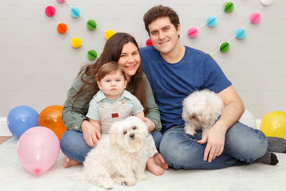 Caucasian family with baby boy celebrating his first birthday at home. Proud parents mother and father dad together with child kid toddler and dogs pets. Happy birthday lifestyle concept.