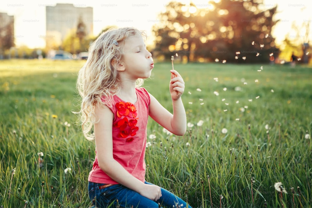 タンポポを吹くかわいい愛らしい白人の女の子。牧草地の草むらに座っている子供。屋外の楽しい夏の季節の子供たちの活動。外で楽しんでいる子供。幸せな子供時代のライフスタイル。