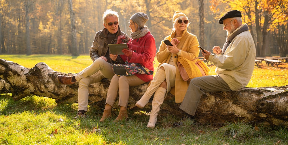 아름다운 가을 공원에서 모바일 스마트폰과 태블릿을 사용하는 노인들. 은퇴한 친구들이 야외에서 함께 시간을 보내고 있다.