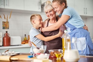 幸せなおばあちゃんは、居心地の良いキッチンに立って、笑顔で2人の孫を抱きしめています