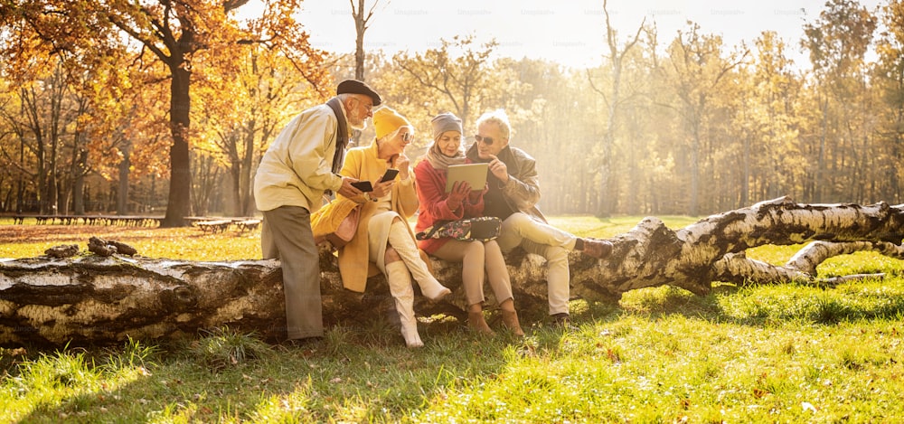 Des personnes âgées utilisant des téléphones intelligents mobiles et des tablettes dans un magnifique parc d’automne. Des amis retraités qui passent du temps ensemble à l’extérieur.