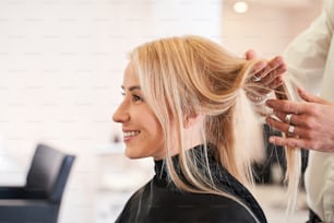 She has her own stylist. Young beautiful woman discussing hairstyling with her hairdresser while sitting in the hair salon and getting her hair done