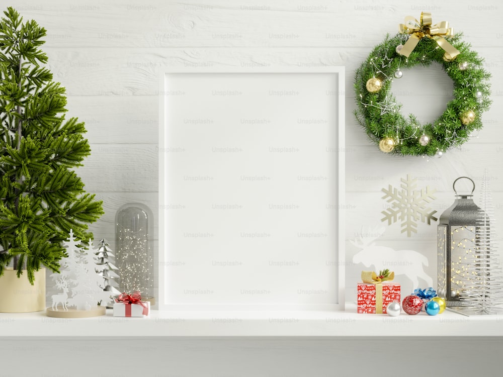 Cornice mockup natalizia, poster mockup in salotto Rendering .3d per interni natalizi