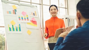 Young woman explains business data on white board in casual office room . The confident Asian businesswoman reports information progress of a business project to partner to determine market strategy .