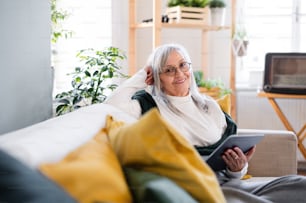 집�에서 소파에 실내에 앉아 휴식을 취하고 태블릿을 사용하는 노인 여성의 초상화.