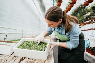 Happy and positive young adult woman working in greenhouse and enjoying in beautiful flowers.