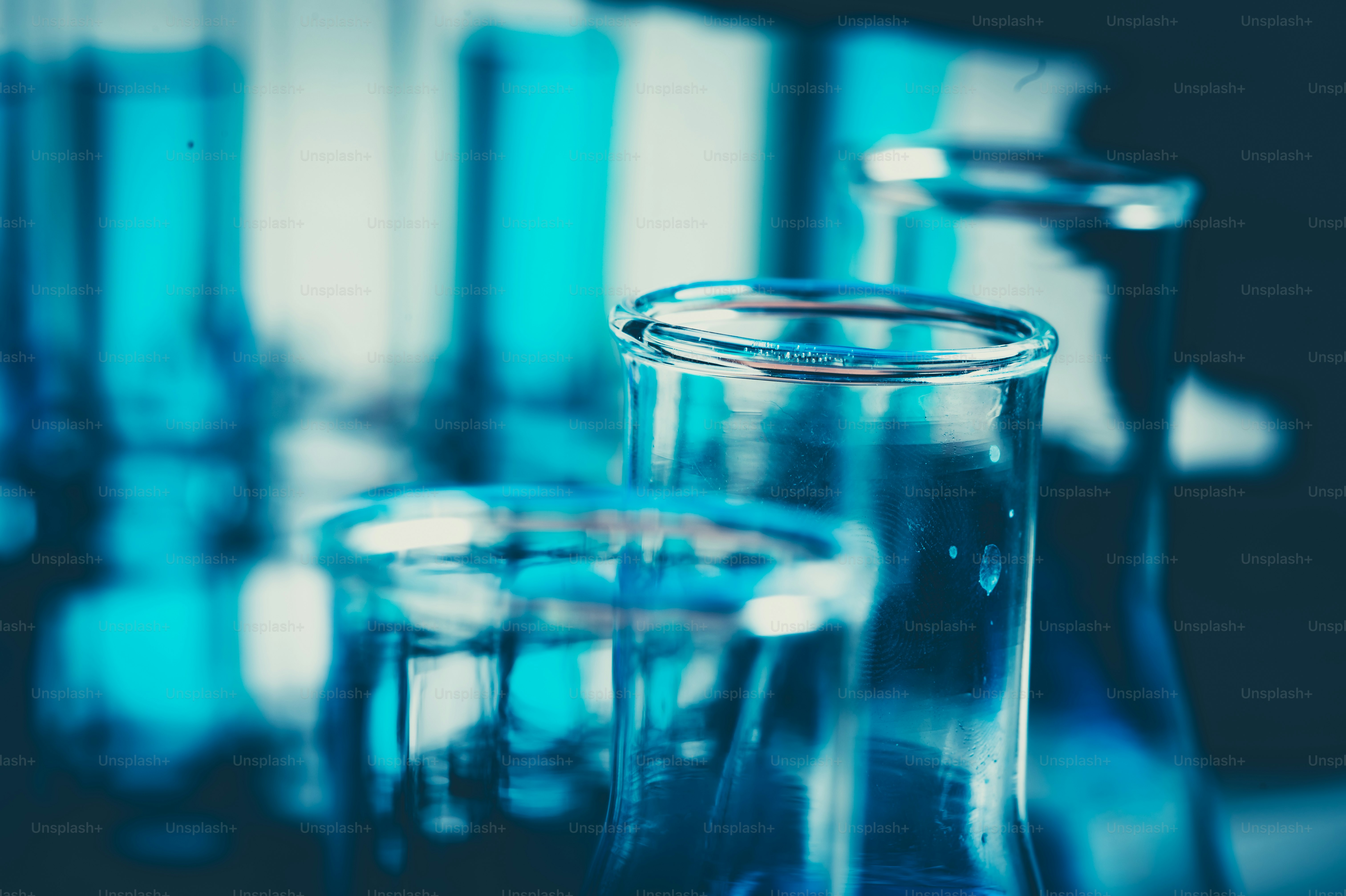 scientific Chemistry glassware for research in laboratory, medicine microbiology or biotechnology technology equipment, coronavirus cure covid-19 vaccine development